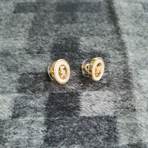 Michael Kors Pave Logo Gold Crystal Disc Stud Earrings MKJ7764 BRAND NEW - Picture 2 of 4